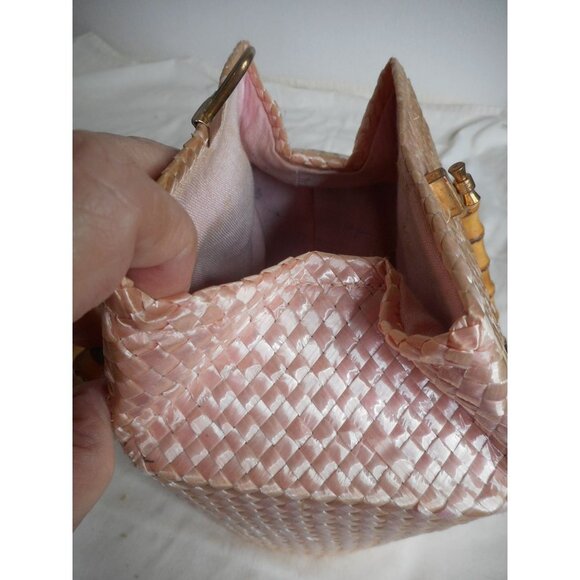 Vintage light pink Bamboo Handled Woven Lined Handbag Purse Estate Find - Picture 13 of 13